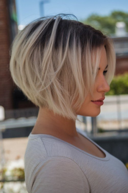 Layered Bob with Root Smudge and Curtain Bangs