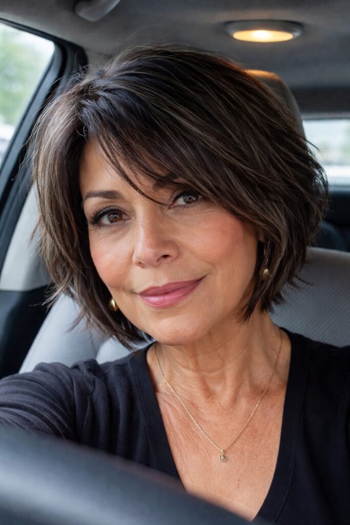 Layered Brunette Bob with Piecey Bangs