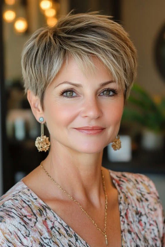  Layered Champagne Blonde Pixie with Subtle Highlights