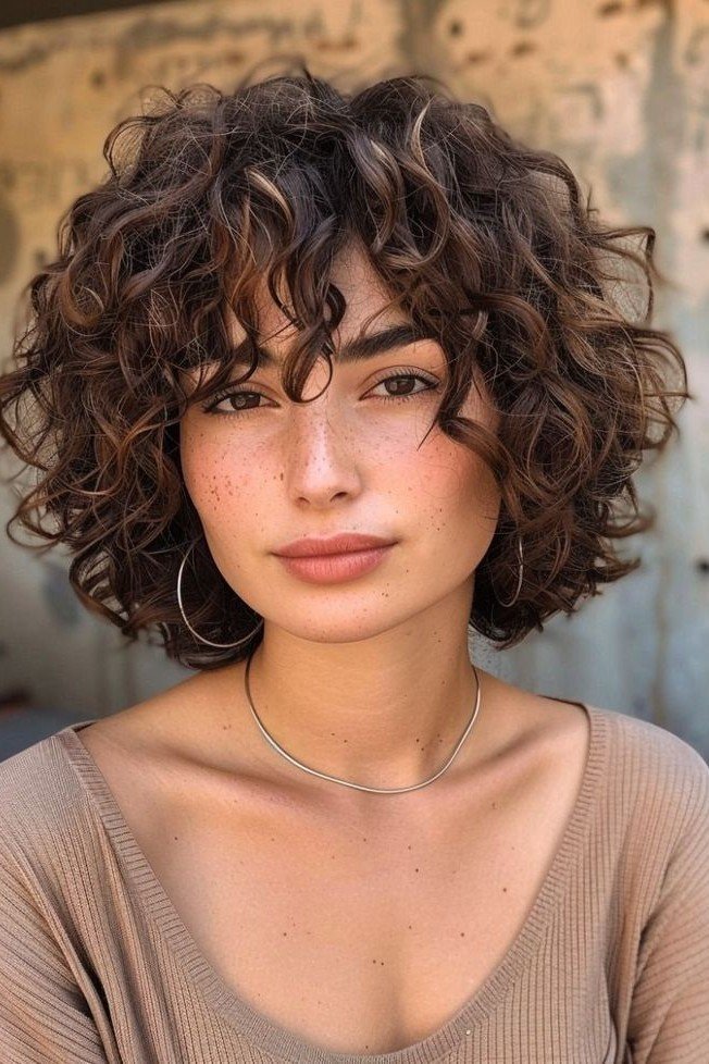 Layered Curly Bob with Wispy Bangs