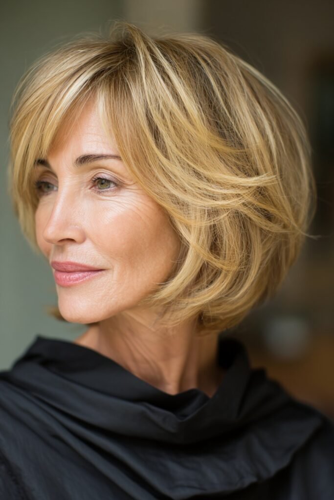 Layered Honey-Blonde Bob with Side-Swept Bangs