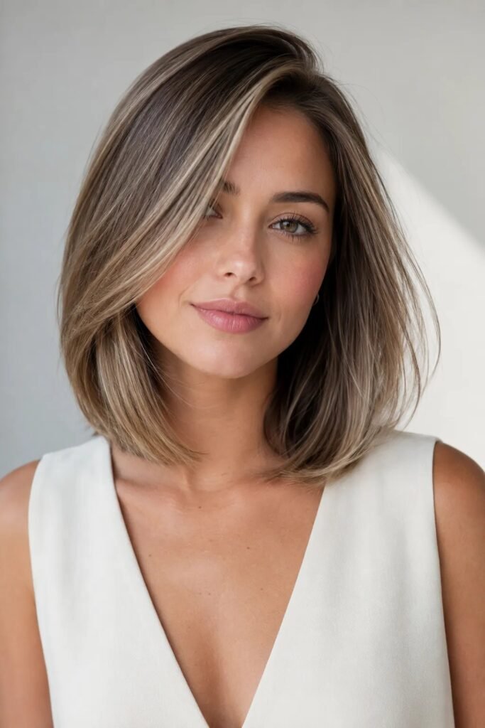 Layered Lob with Deep Side Swept Bangs and Highlights