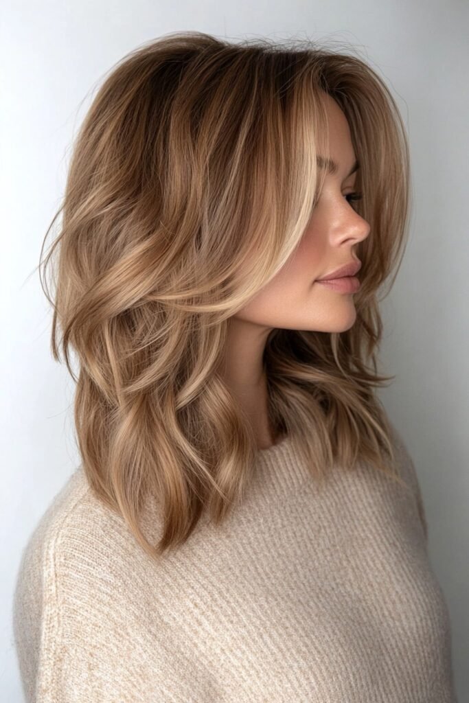 Layered Lob with Face-Framing Curtain Bangs