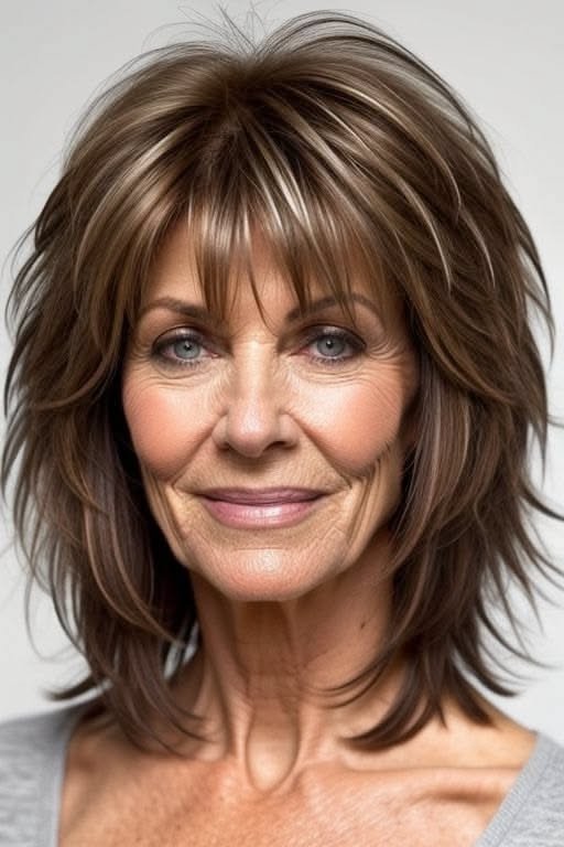 Layered Shag with Wispy Bangs and Warm Highlights