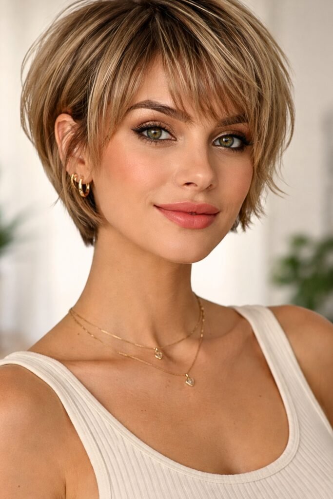 Layered Short Cut with Soft Wispy Fringe