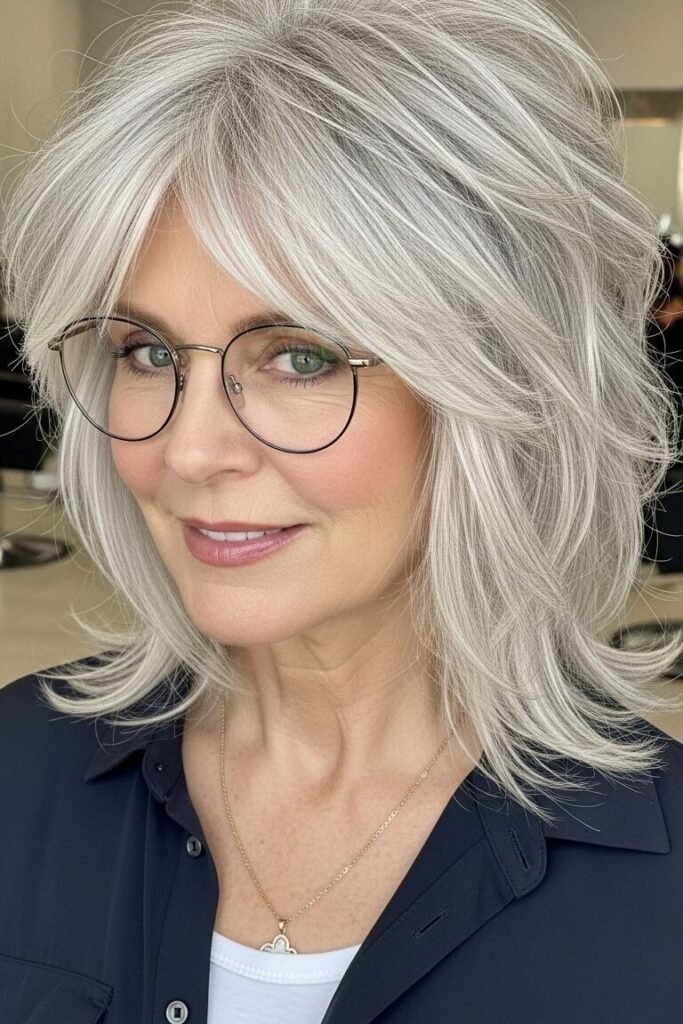 Layered Silver Bob with Curtain Bangs