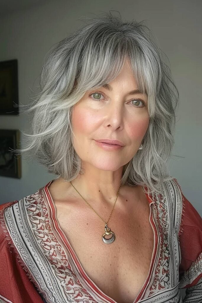 Layered Silver Bob with Curtain Bangs