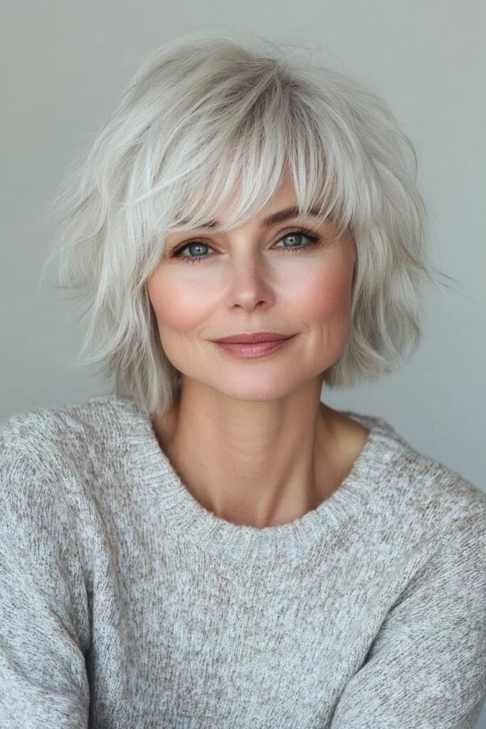 Layered Silver Bob with Side-Swept Bangs