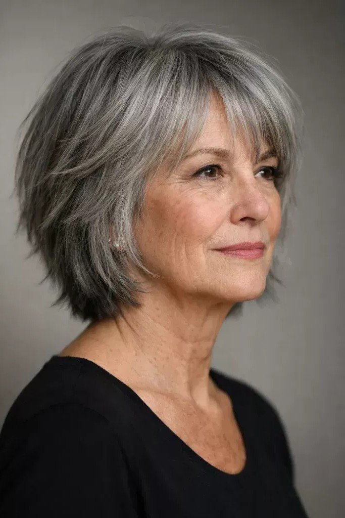 Layered Silver Bob with Side-Swept Bangs