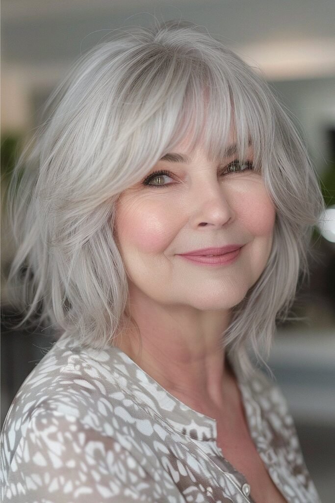 Layered Silver Bob with Soft Curtain Bangs