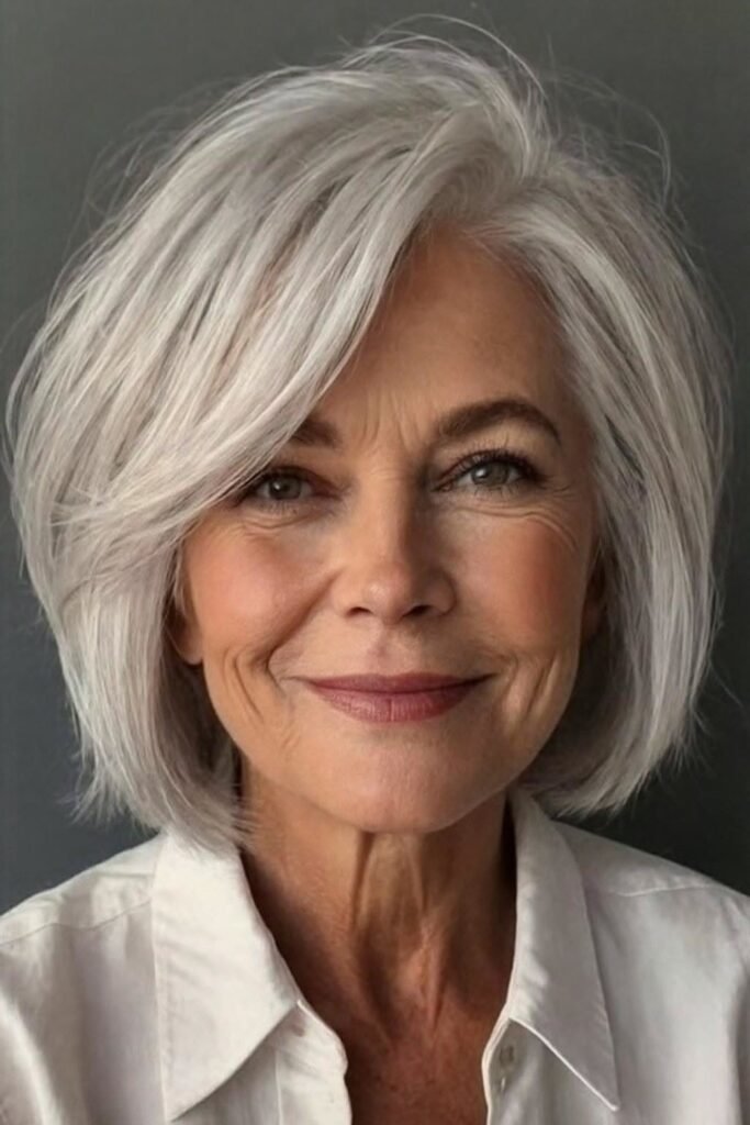 Layered Silver Bob with Voluminous Side-Swept Bangs