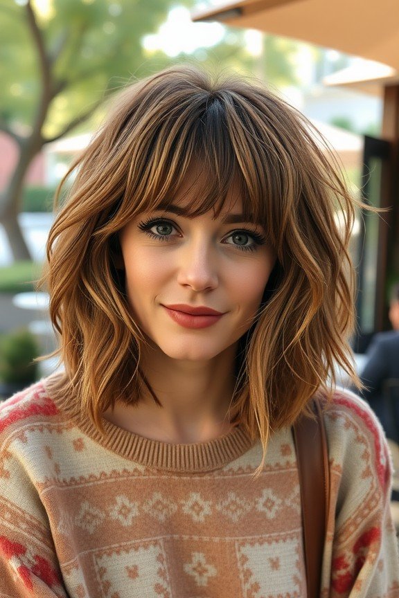Layered Wavy Bob with Curtain Bangs