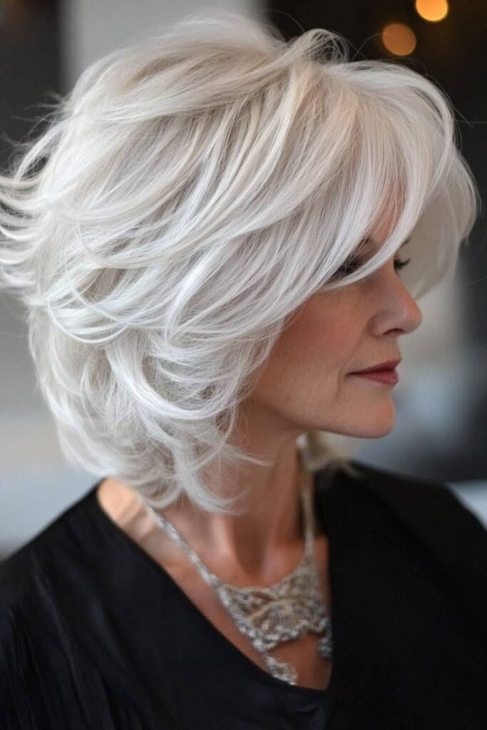 Layered White Bob with Side-Swept Texture
