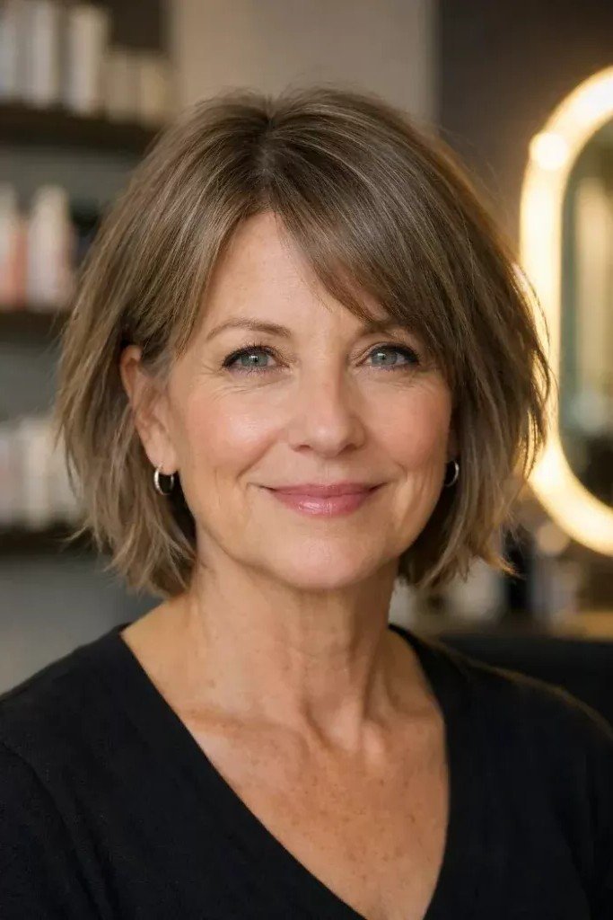 Light Brown Layered Bob with Soft Fringe