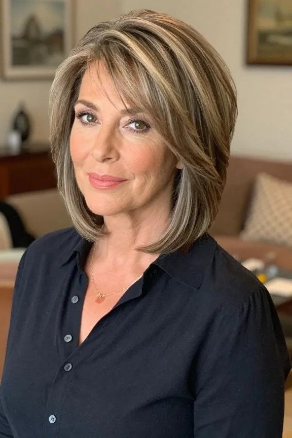 Long Bob with Side-Swept Bangs and Dimensional Highlights