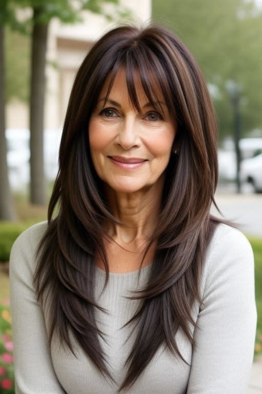 Long Dark Brown Layered Cut with Subtle Bangs
