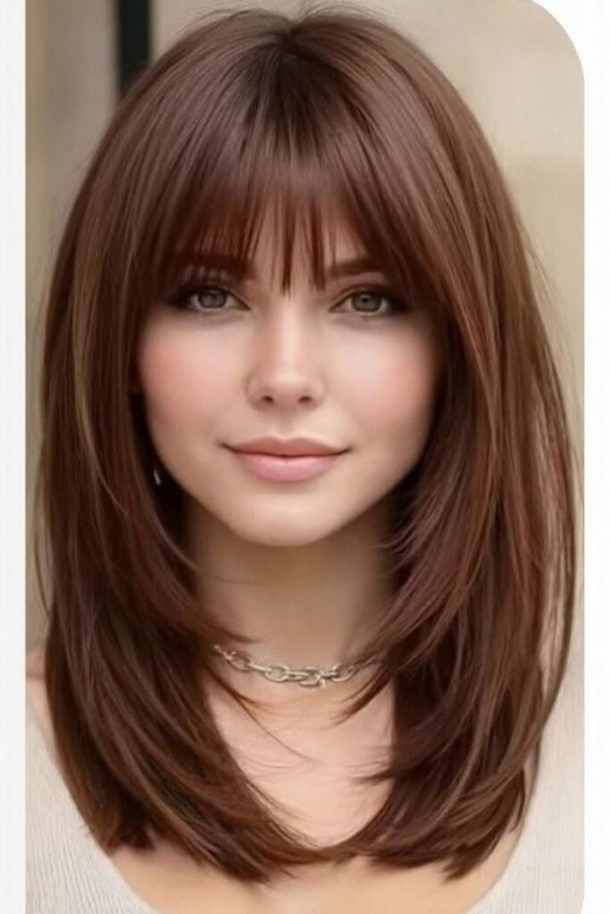 Long Layered Brunette Hair with Curtain Bangs