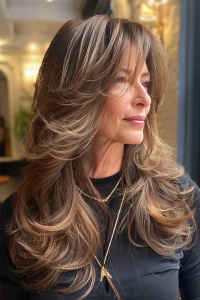 Long Layered Hair with Face-Framing Bangs