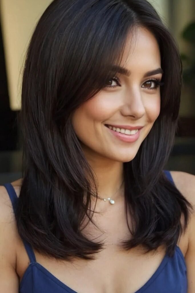 Long Layered Hair with Face-Framing Bangs
