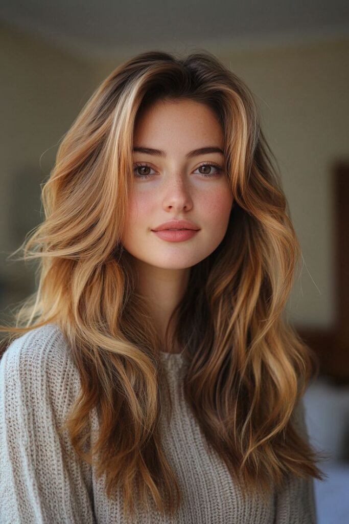 Long Layered Hair with Voluminous Curtain Bangs