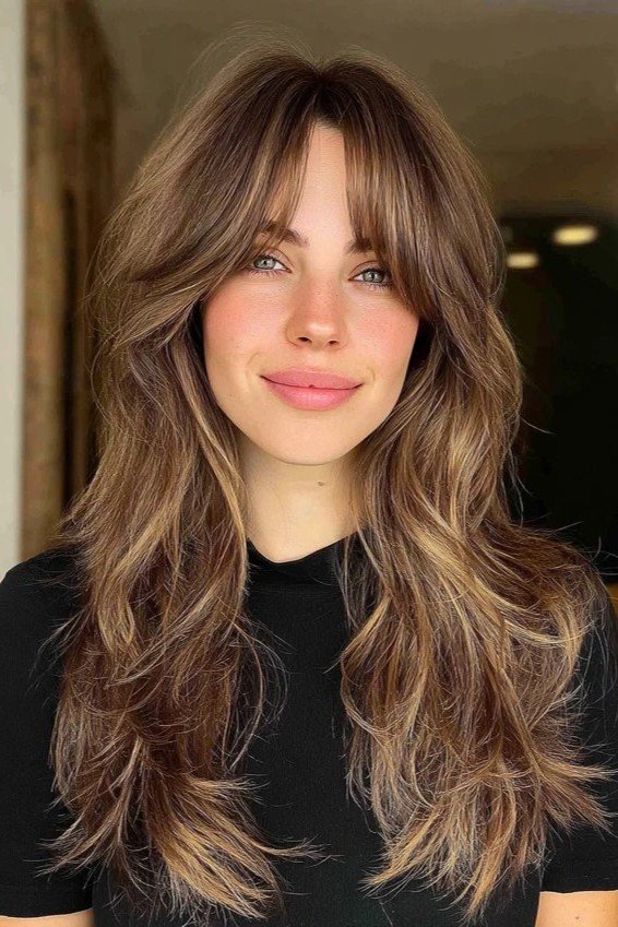 Long Layered Hairstyle with Curtain Bangs