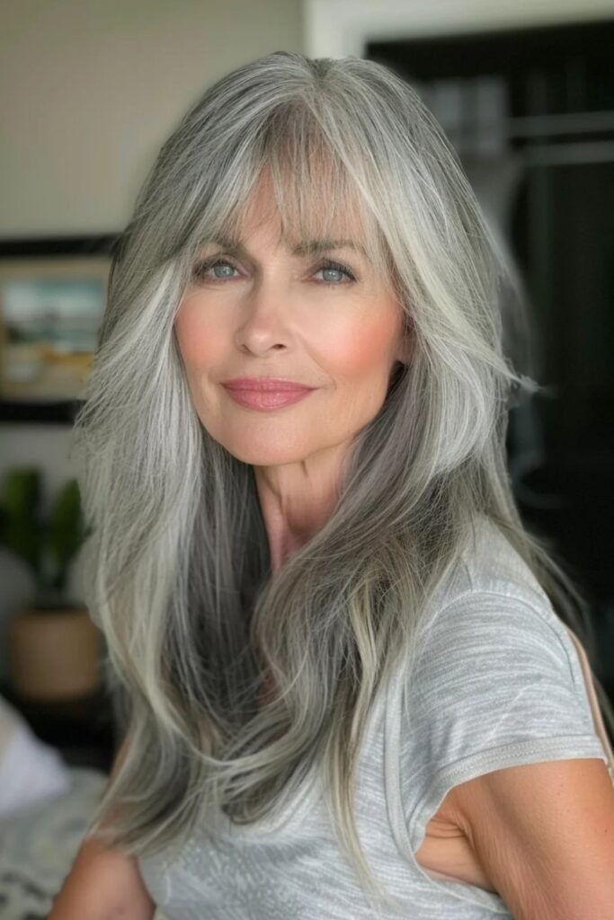 Long Layered Silver Cut with Soft Curtain Bangs