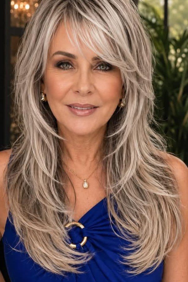 Long Layered Silver Hair with Wispy Curtain Bangs