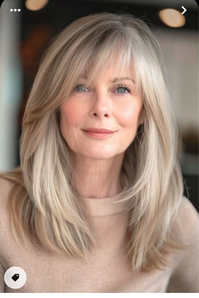 Long Layered Silver Hairstyle with Face-Framing Curtain Bangs