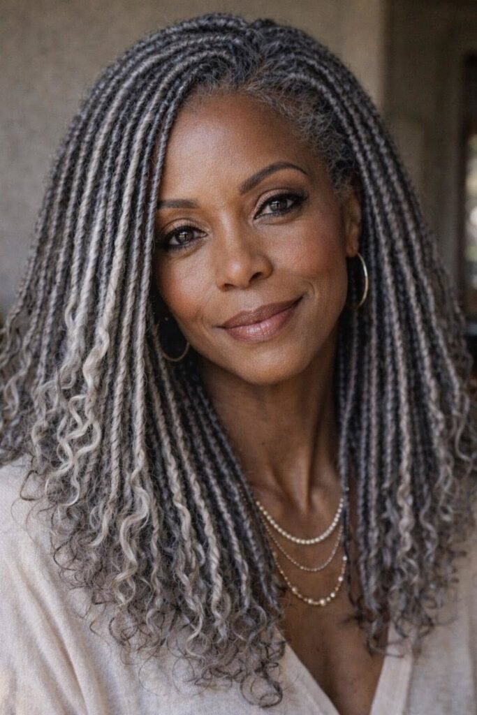 Long Micro-Braided Hairstyle with Curly Ends