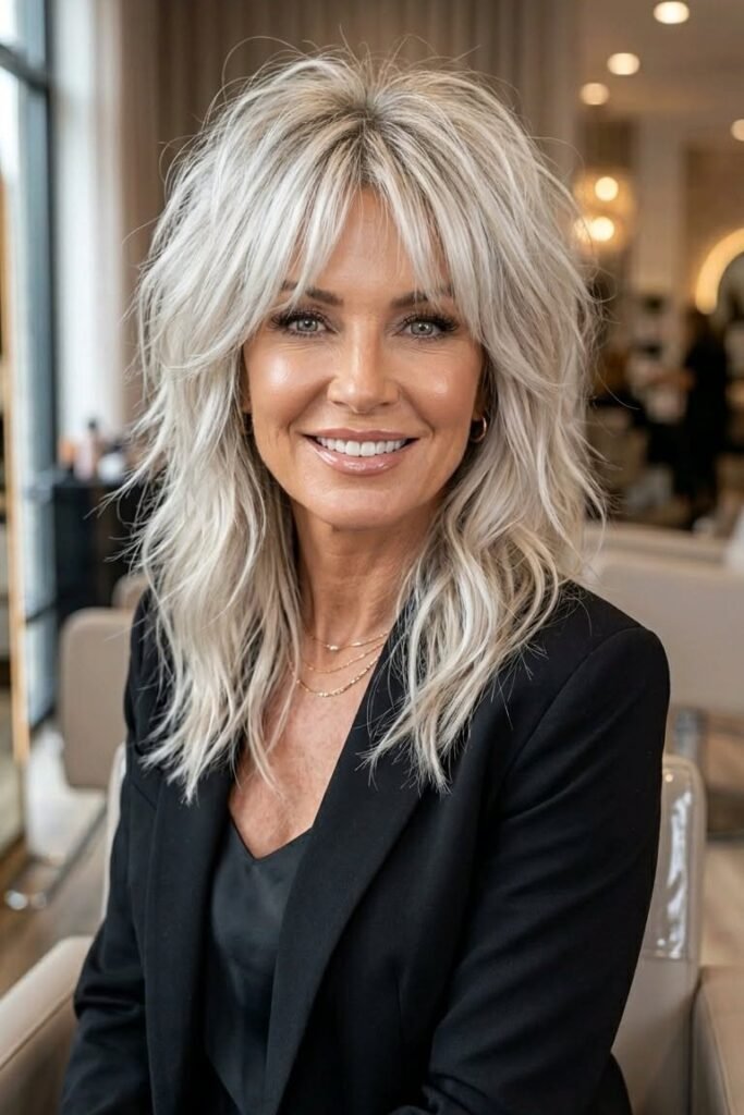 Long Shag Cut with Face-Framing Silver Bangs