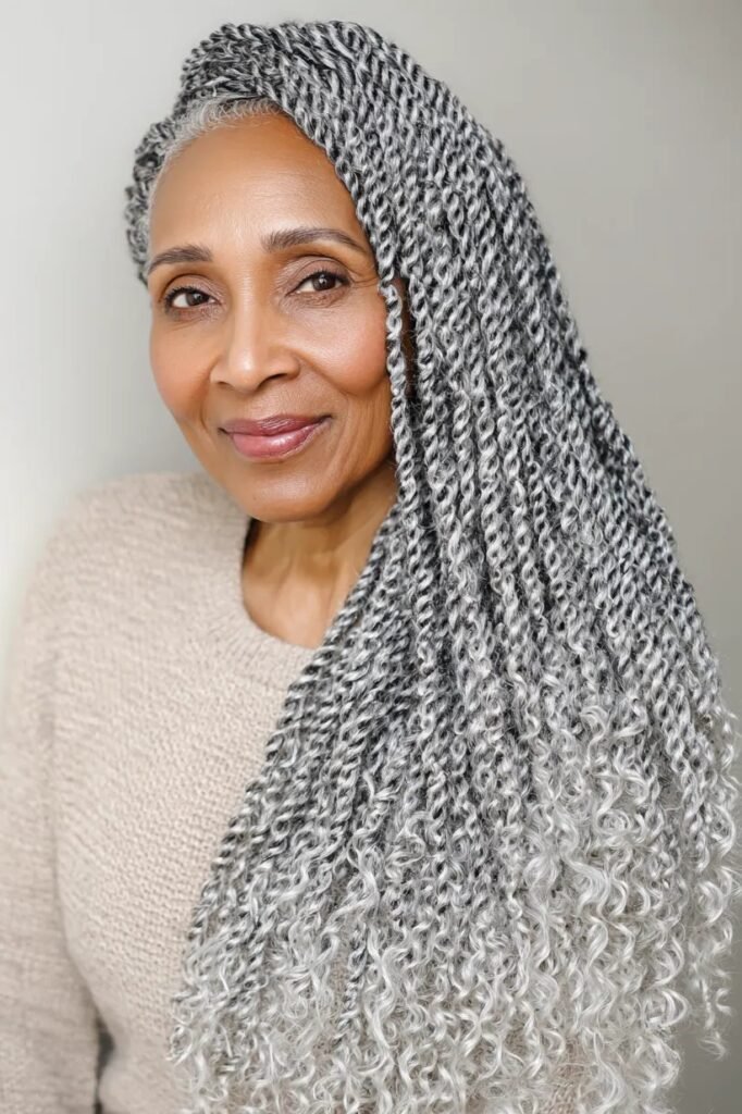 Long Silver Passion Twists with Curly Texture