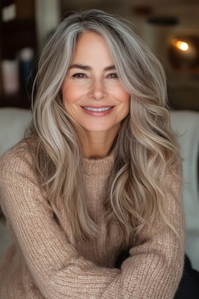 Long Softly Layered Silver Hair