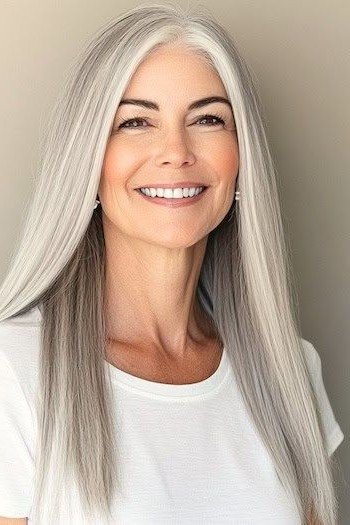 Long Straight Silver Hair with Center Part