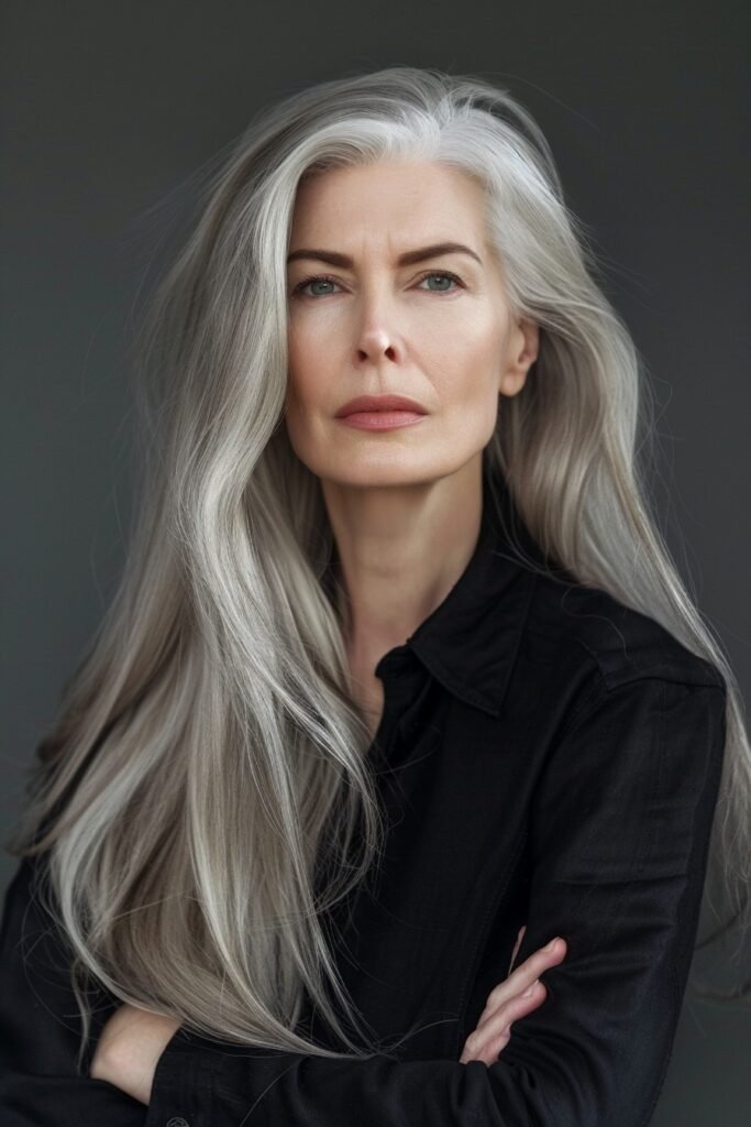 Long Straight Silver Hair with Soft Layering