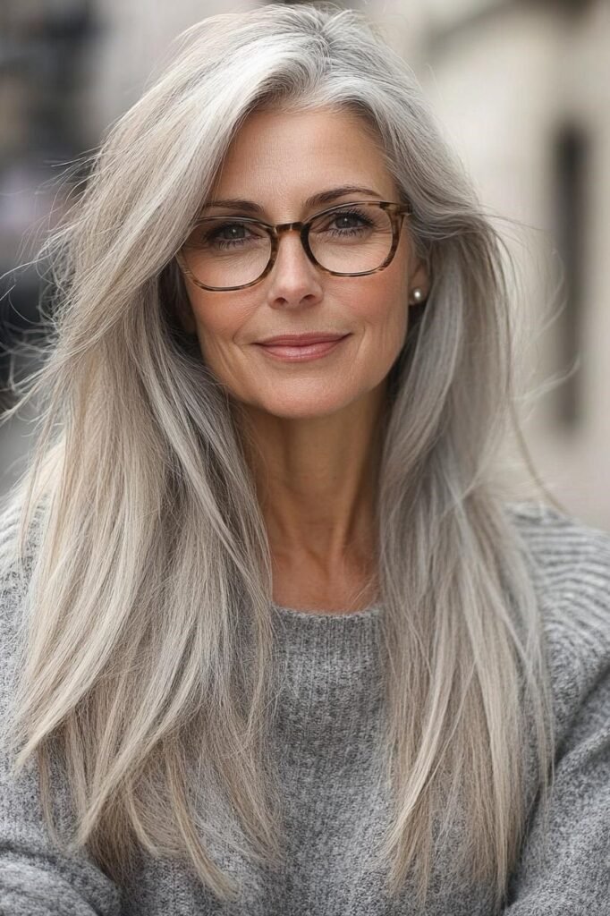 Long Straight Silver Hair with Subtle Face-Framing Layers and Glasses