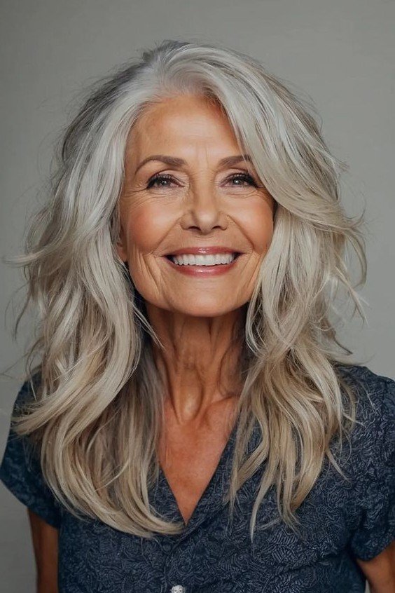 Long Textured Silver Hair with Soft Layers
