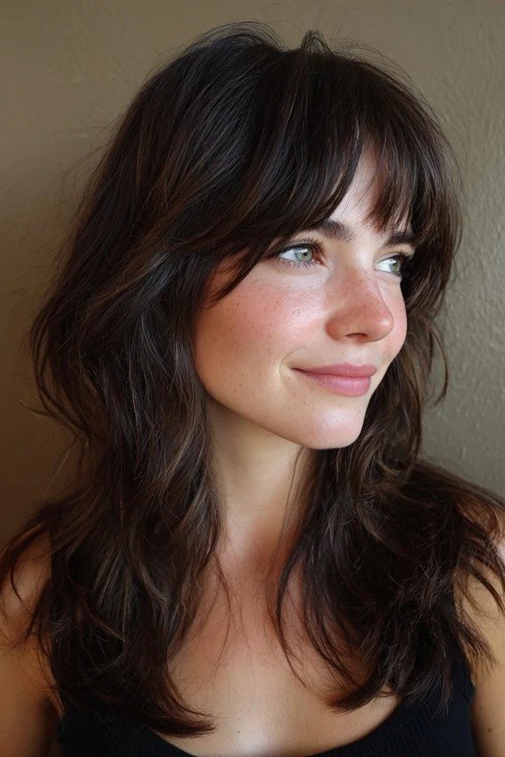 Long Wavy Hair with Curtain Bangs