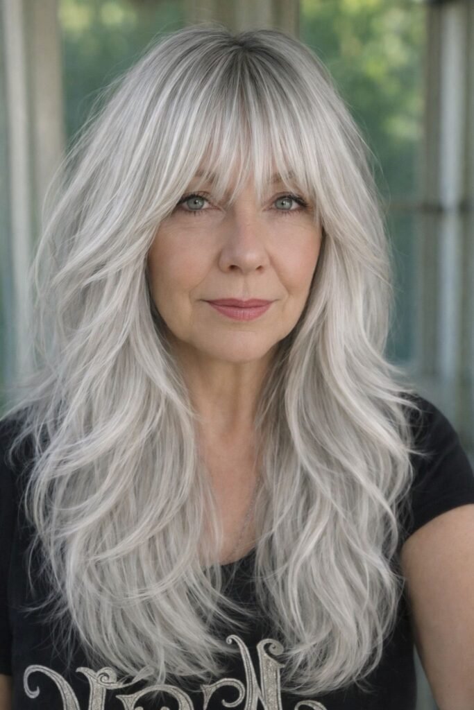 Long Wavy Hair with Wispy Curtain Bangs