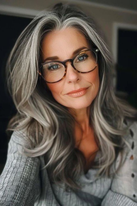 Long Wavy Silver Hair with Curtain Bangs and Glasses