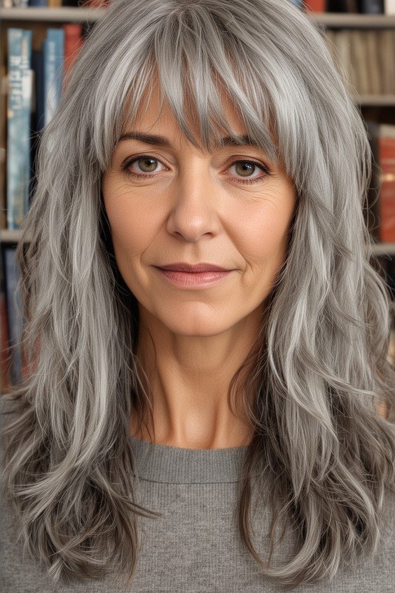Long Wavy Silver Hair with Curtain Bangs