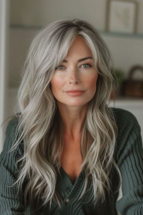 Long Wavy Silver Hair with Side-Swept Bangs