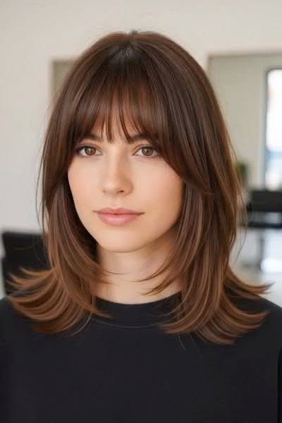Medium Layered Hair with Curtain Bangs