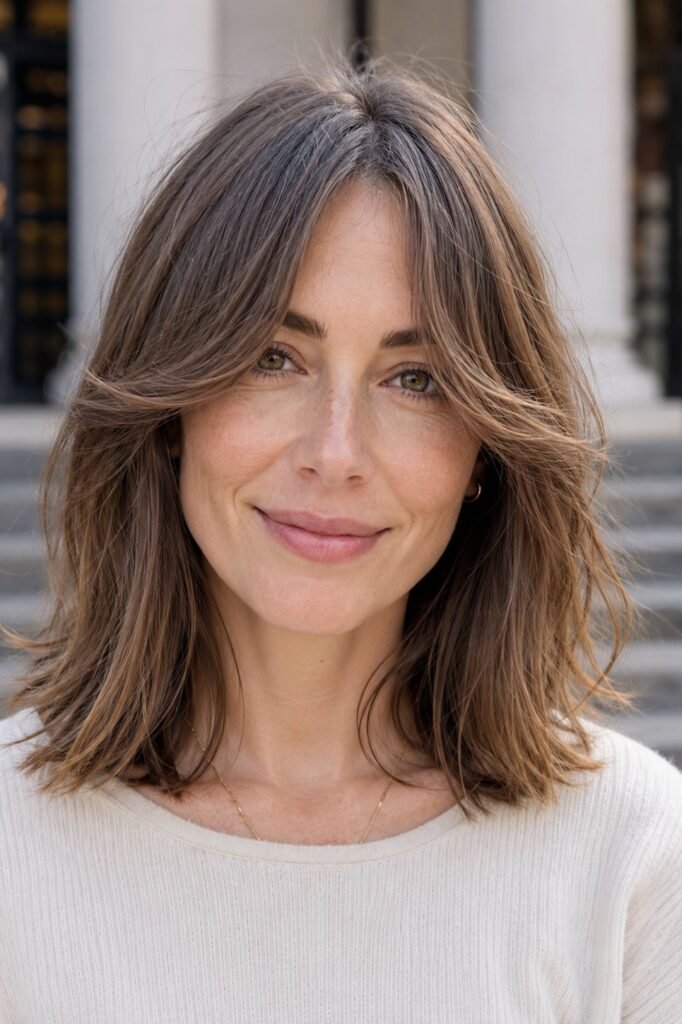 Medium-Length Layered Cut with Curtain Bangs