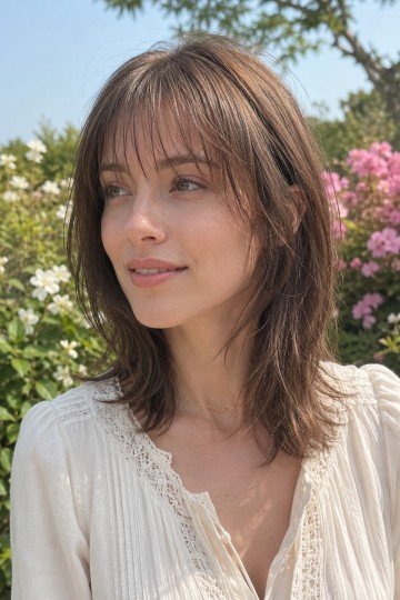 Medium-Length Shaggy Cut with Wispy Bangs