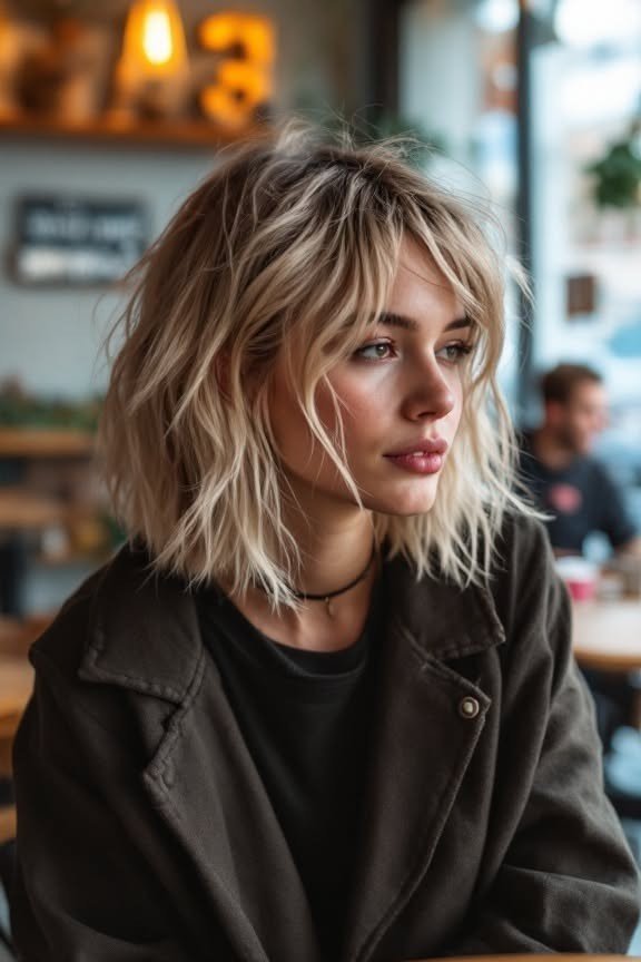 Messy Layered Bob with Curtain Bangs