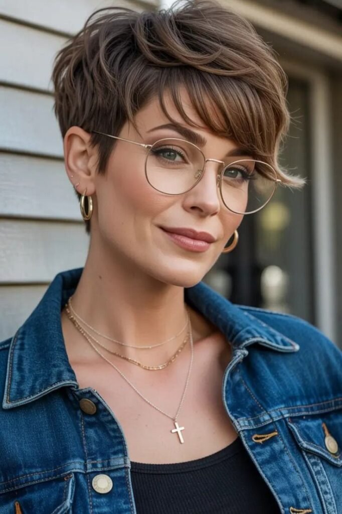 Messy Pixie Cut with Long Side-Swept Bangs and Classic Gold Wire-Rim Glasses