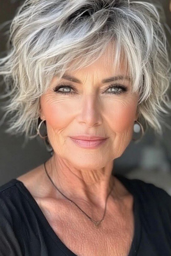 Messy Silver Shag Bob with Feathered Bangs