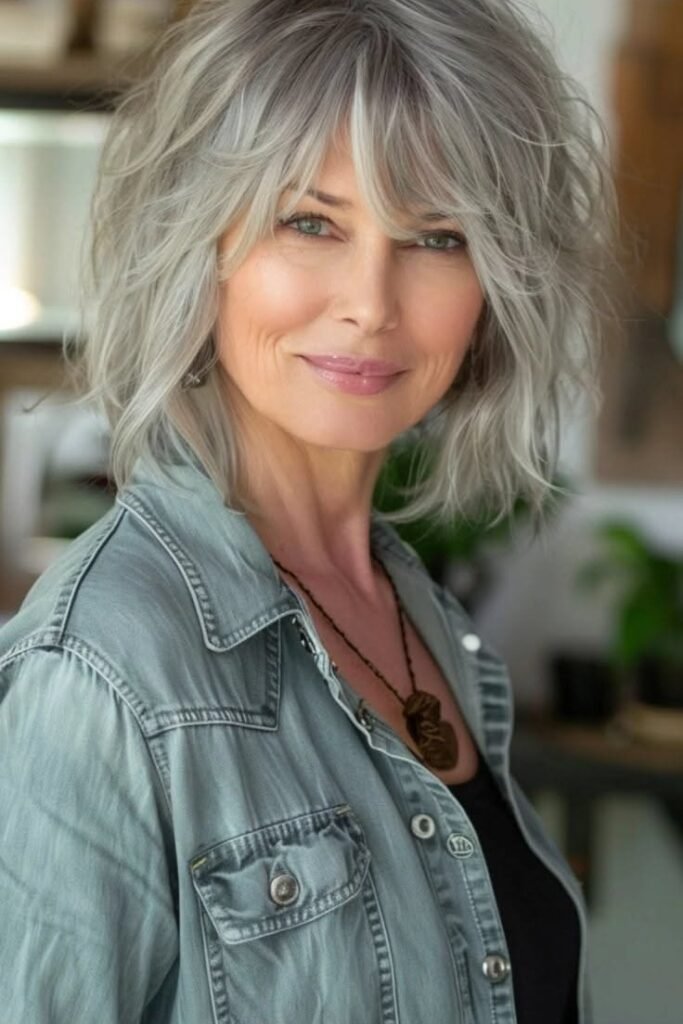 Messy Silver Textured Bob with Curtain Bangs