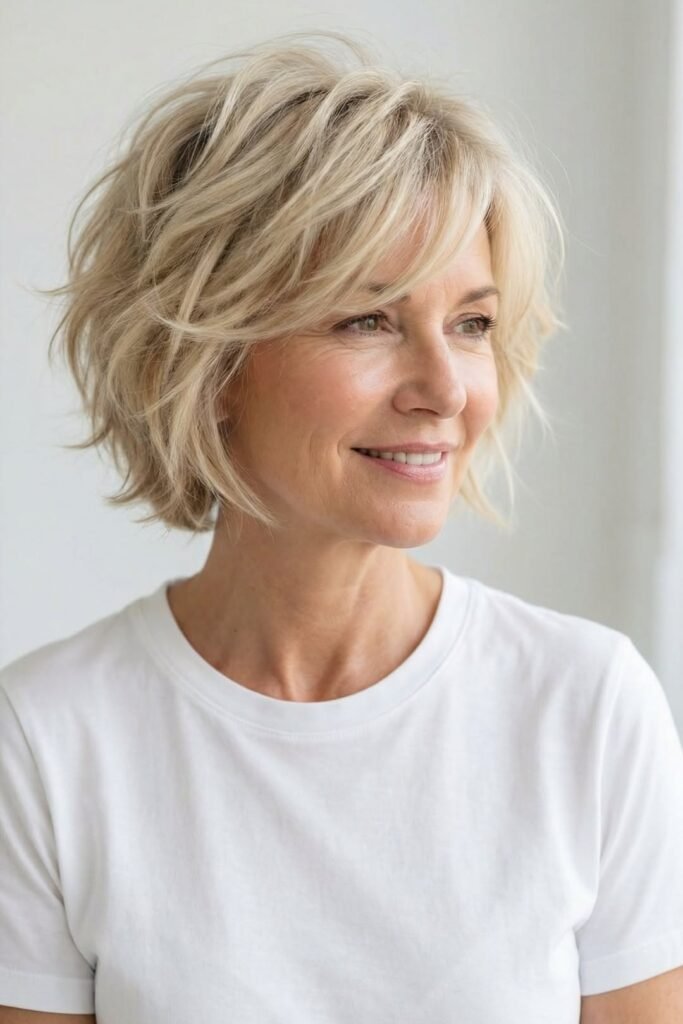 Messy Textured Bob with Soft Curtain Bangs