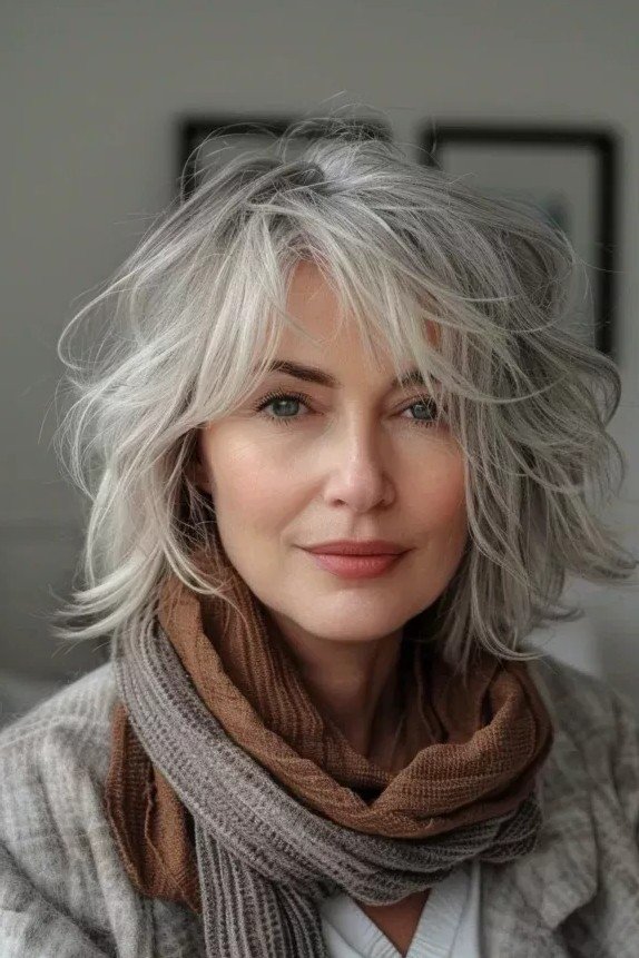 Messy Textured Gray Bob with Wispy Bangs